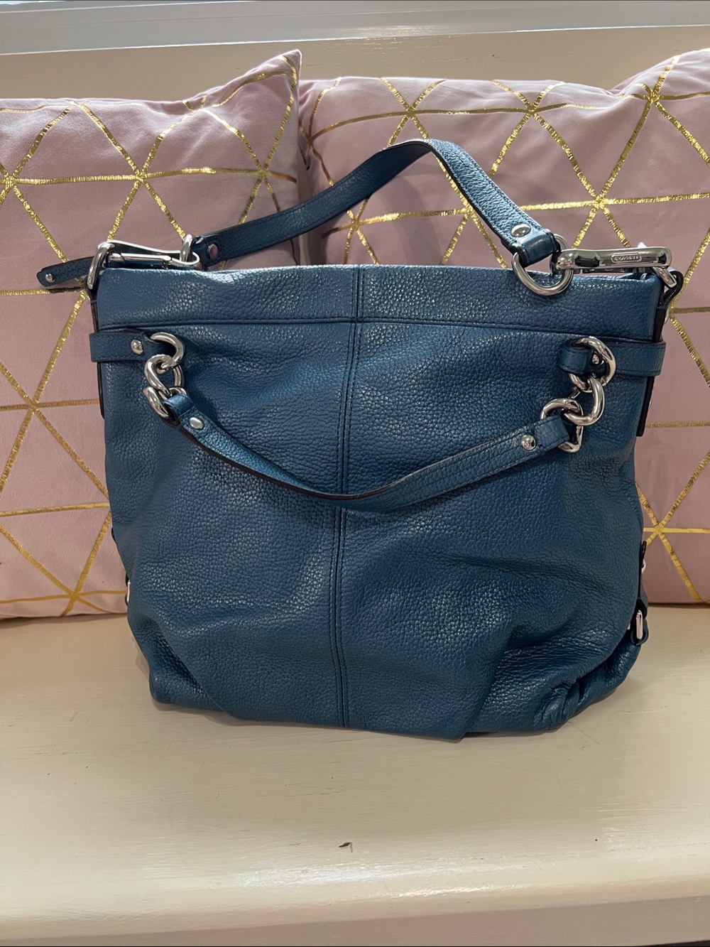 Coach Pebbled Leather Shoulder Bag in Deep Teal Blue